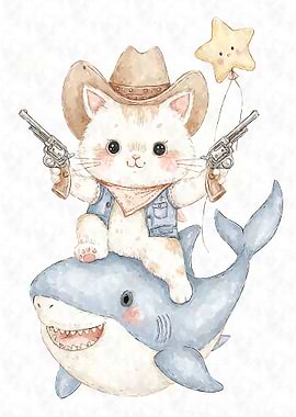 Cowboy Cat Riding Shark Watercolor