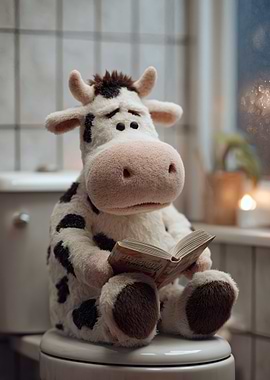 Stuffed Cow Reading on Toilet