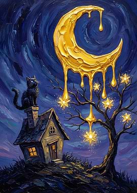 Melting Moon with Cat and Star Tree