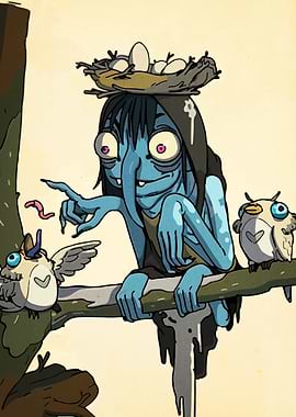 Cartoonish Blue Character with Birds