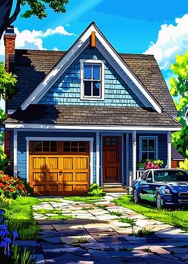 Suburban House with Car and Garden