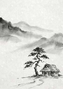Japanese Ink Wash Landscape Farm