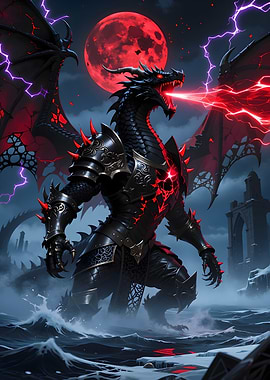 Armored Dragon with Red Moon
