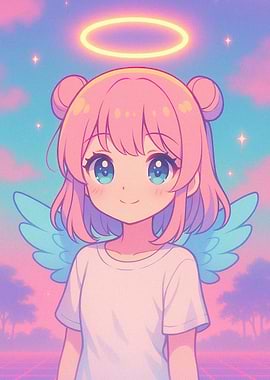 Anime Angel Girl with Halo and Wings