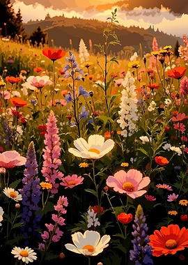 Vibrant Wildflower Meadow at Sunset
