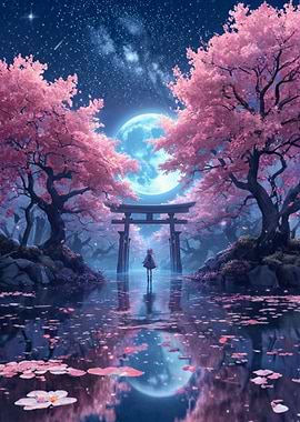 Cherry Blossoms, Moon, and Torii Gate