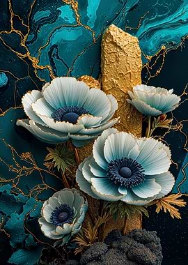 Teal Gold Anemones Flower