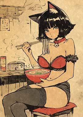 Vintage Anime Catgirl Eating Ramen