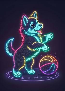 Neon Husky Playing with Ball