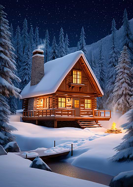 Winter Cabin Under Starry Night