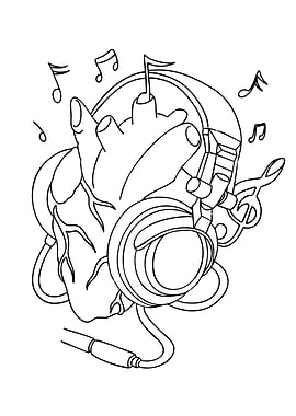 Heart with Headphones Line Art