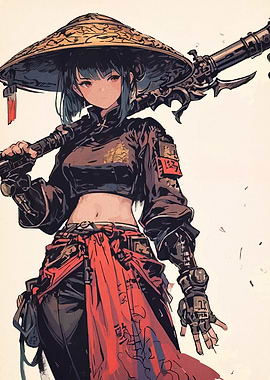 Anime Girl with Weapon and Asian Hat