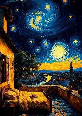 Starry Night Balcony View Painting