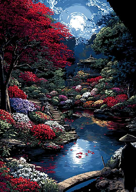 Japanese Garden with Pond and Moon