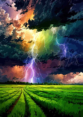 Rainbow Lightning Over Green Field