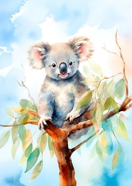 Watercolor Koala in Tree