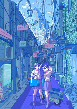 Blue Anime Street with Whale