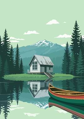Cabin on Lake with Canoe