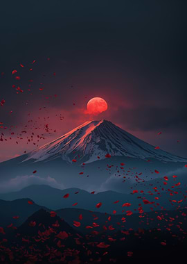 Mount Fuji with Red Moon and Petals