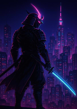 Cyberpunk Samurai in Neon Cityscape