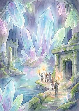 Crystal Cave Exploration Watercolor Painting