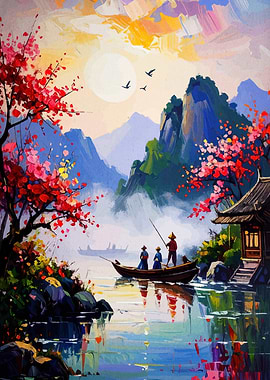 Asian Landscape with Fishermen and Cherry Blossoms