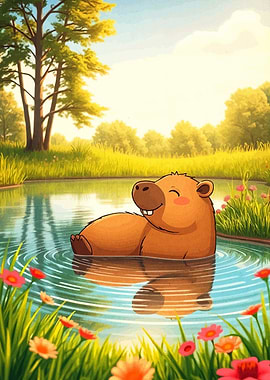 Capybara in Pond Cartoon Illustration