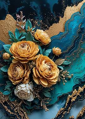 Teal Gold Ranunculus Flower