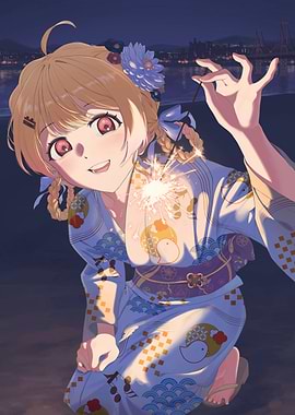 Anime Girl with Sparkler at Night