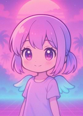 Chibi Angel in Synthwave Sunset