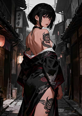 Yakuza Tattoo Girl in Kimono – Japanese Street Anime Poster