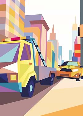 Tow Truck in Cityscape Illustration