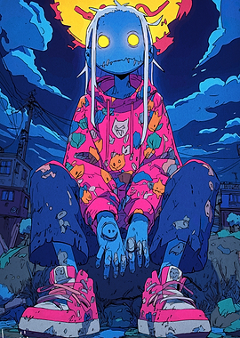 Blue Character with Pink Hoodie