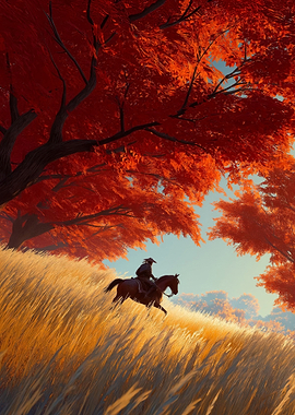Samurai on Horseback in Autumn Landscape