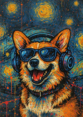 Corgi Dog with Headphones and Glasses
