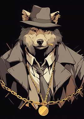 Gangster Wolf with Hat and Chain