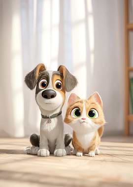 Cartoon Dog and Cat Portrait