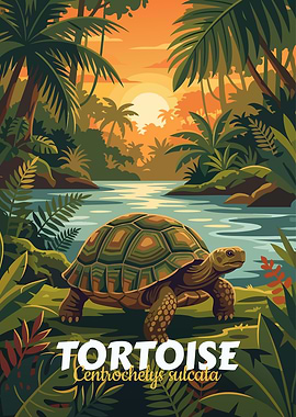 Tortoise in Tropical Landscape Illustration
