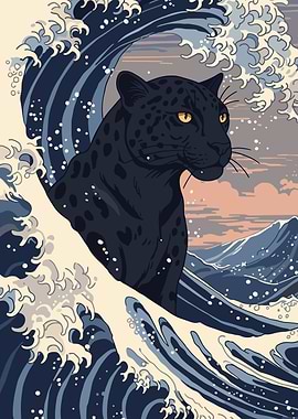 Black Panther in Ukiyo-e Wave