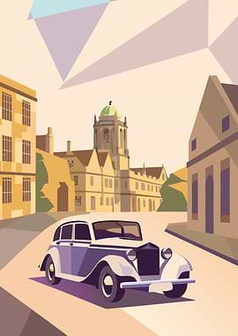 Vintage Car in Cityscape Illustration