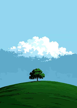 Lone Tree on Hill with Clouds