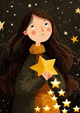 Girl Holding Star in Starry Night
