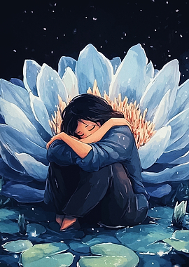 Girl Embracing Knees by Lotus Flower