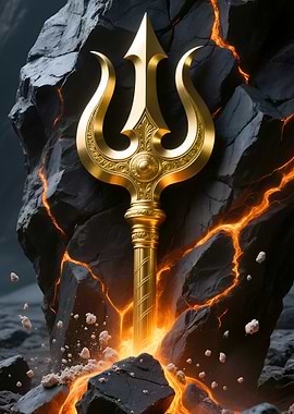 Golden Trident in Volcanic Landscape