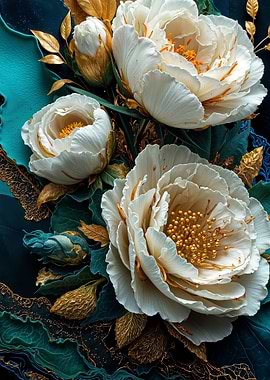 Teal Gold Camellias Flower
