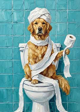 Golden Retriever on Toilet with Toilet Paper