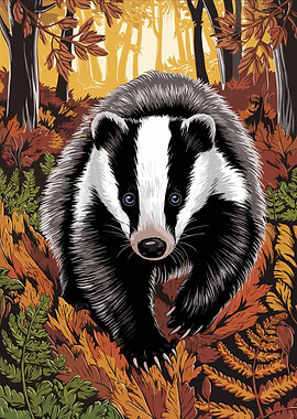 Badger in Autumn Forest Illustration