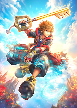 Sora with Keyblade in Fantasy Landscape