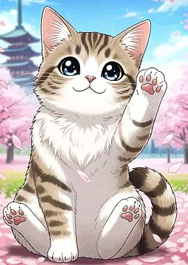 Cute Cat with Cherry Blossoms