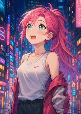 Anime Girl in Neon Cityscape